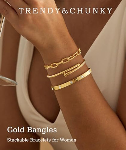 ZOERAY Silver Gold Bangle Bracelets for Women Non Tarnish 14k Gold Plated Stackable Cuff Bracelets for Women Trendy Cubic Zirconia Stainless Steel Chunky Bracelet Stack Set Waterproof Jewelry Gifts - color: E.Paperclip-Gold