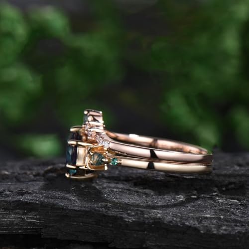 10K 14K 18K Rose Gold 2CT Natural Moss Agate Engagement Ring Set for Women 925 Sterling Silver Genuine Round Green Moss Agate Leaf Art Deco Bridal Wedding Ring Set (Size 4-15)