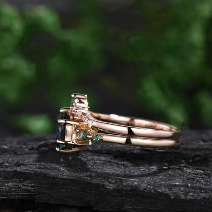 10K 14K 18K Rose Gold 2CT Natural Moss Agate Engagement Ring Set for Women 925 Sterling Silver Genuine Round Green Moss Agate Leaf Art Deco Bridal Wedding Ring Set (Size 4-15)