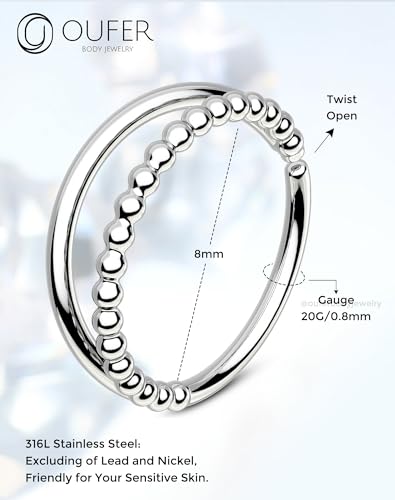 OUFER Nose Rings Silver, 20G Double Hoop 8MM Nose Rings, Seamless Stainless Steel Rook Daith Piercing Jewelry for Women & Men - style: Style9-Bead
