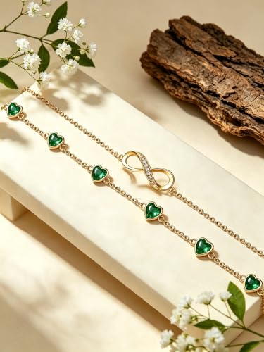 Prismata Infinity Birthstone Charm Link Bracelet/Anklet 925 Sterling Silver Adjustable 12 Months Birthstone Infinity Bracelet/Anklet Birthday Jewelry Gifts for Women Her - color: 05-May, size: 9‘+2’ Anklet-18K Gold Plated