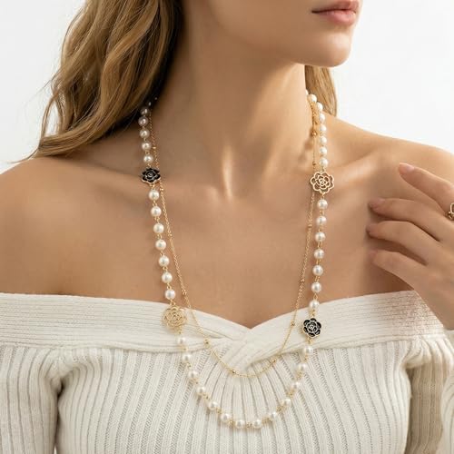 Long Pearl Necklace for Women, Layered Faux Pearl Station Necklace, Gold Tone Double Strand for Wedding Guest Looks and Evening Styling - color: Golden White Small Flower