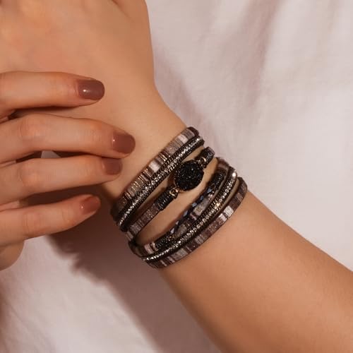 Boho Chunky Leather Wrap Bracelets Stackable Beaded Western Country Jewelry | Crystal Bead Trendy Layered Cuff Magnetic Clasp Stack Bohemian Statement Costume Outfits Cowgirl Fashion Hippie Accessories - color: Boho Black, size: 14.7"