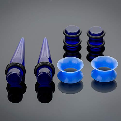 50-Piece Ear Gauges Stretching Kit, 14G-00G | Acrylic tapers and plugs with soft silicone tunnels, body piercing jewelry for women and men - color: Blue