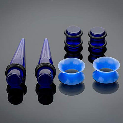 50-Piece Ear Gauges Stretching Kit, 14G-00G | Acrylic tapers and plugs with soft silicone tunnels, body piercing jewelry for women and men - color: Blue