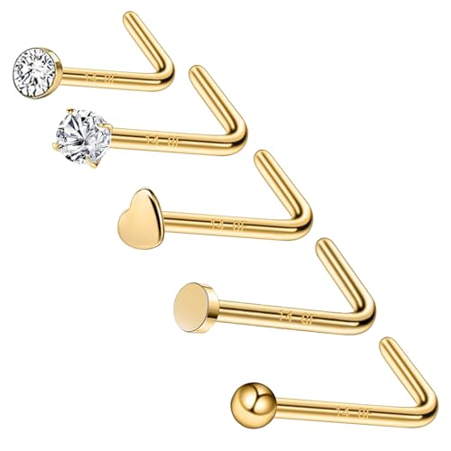3 Pcs 14K Gold Filled Nose Studs 20G Stainless Steel Stud Nose Ring 2mm/2.5mm/3mm Round CZ L Bend Nose Stud Hypoallergenic Nose Piercing - color: gold 5