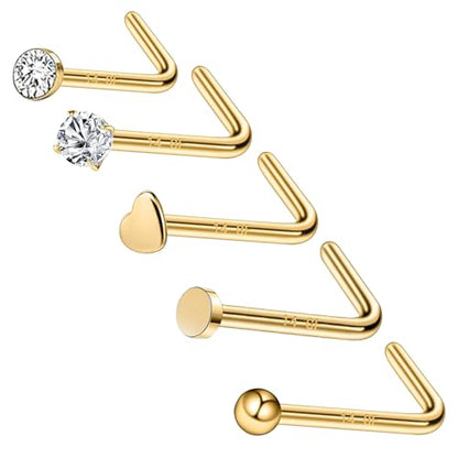 3 Pcs 14K Gold Filled Nose Studs 20G Stainless Steel Stud Nose Ring 2mm/2.5mm/3mm Round CZ L Bend Nose Stud Hypoallergenic Nose Piercing - color: gold 5