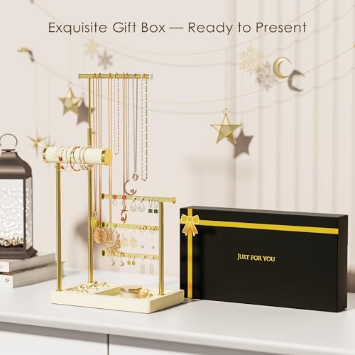 SZQINJI 5 Tier Jewelry Holder Organizer, Gold Necklace Stand Display, Beige | Velvet Bracelet Holder, Adjustable Height Jewelry Display for Necklaces, Bracelets, Earrings, Rings, Gift Idea for Women - color: Beige