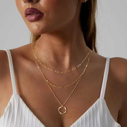 Gold Layered Necklaces for Women, 14K Gold Plated Paperclip Snake Chain Necklace Set, Dainty Coin Cross Tear Pendant Layering Choker Necklaces, Simple Trendy Stackable Jewelry Gifts - color: 3PCS / Twisted Circle & two Chains