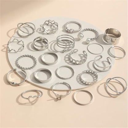 22Pcs Gold Plated Knuckle Rings Set for Women,Boho Dainty Stackable Joint Finger Midi Ring Pack Simple Cute Pearl Butterfly Heart Rings Adjustable Statement Jewelry Mixed Size - color: Silver