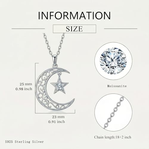 Moissanite Moon and Star Necklace 925 Silver Birthstone Gifts for Women | Sterling Silver Sun and Moon Pendant Elegant Jewelry Birthday Gifts for Wife Mom - color: A2:Moon and Star-Moissanite
