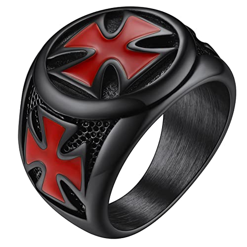 FaithHeart Mens Stainless Steel Crusader Jerusalem Cross Ring with 18K Gold Plated Two Tone Ring Size 7,8,9,10,11,12 - color: 01. Cross-Black