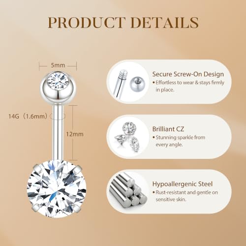 CZ Belly Button Rings for Women Surgical Stainless Steel Jewelry - color: Silver