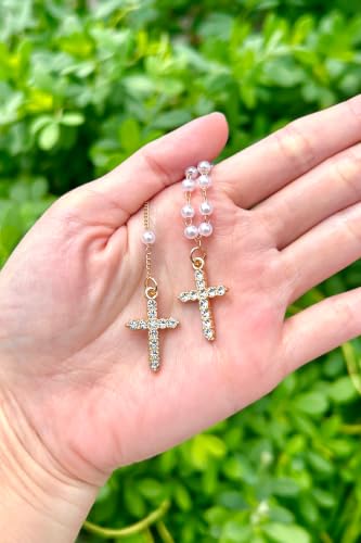 Layered Pearl Beaded Cross Necklace Minimalistic Dainty Gold Pendant Set with Crystal Cross Charm Christian Jewelry Gift for Women