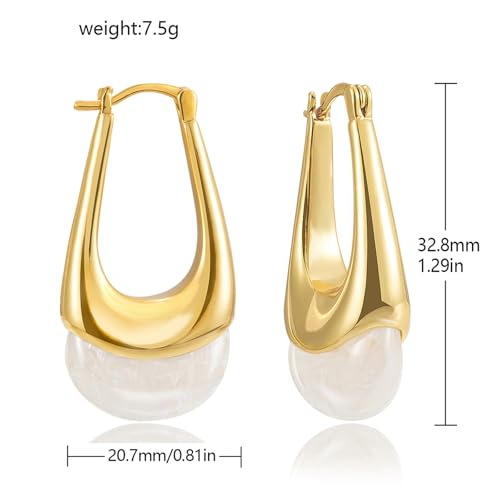 LAXPICOL Gold Chunky Dangle Earrings For Women Resin Stone Earrings Hoop Earrings, 18k Plated Oval Resin Stone Statement Earrings for Women Unique Dangling Teardrop Baroque Huggies Hoop Earrings - color: white-Teardrop 1
