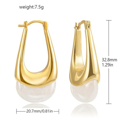 LAXPICOL Gold Chunky Dangle Earrings For Women Resin Stone Earrings Hoop Earrings, 18k Plated Oval Resin Stone Statement Earrings for Women Unique Dangling Teardrop Baroque Huggies Hoop Earrings - color: white-Teardrop 1