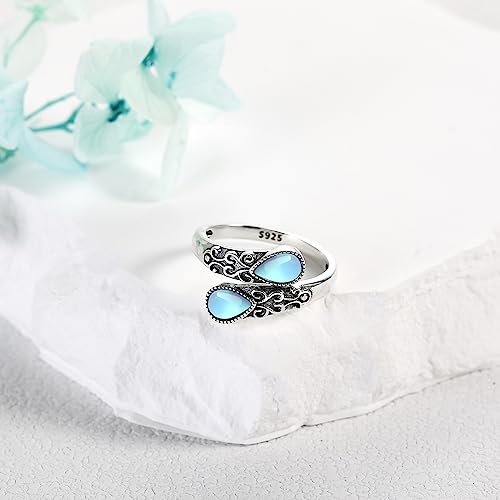 Ring for Women Sterling Silver Adjustable Band Open Rings Jewelry Gifts for Girls - style: Moonstone
