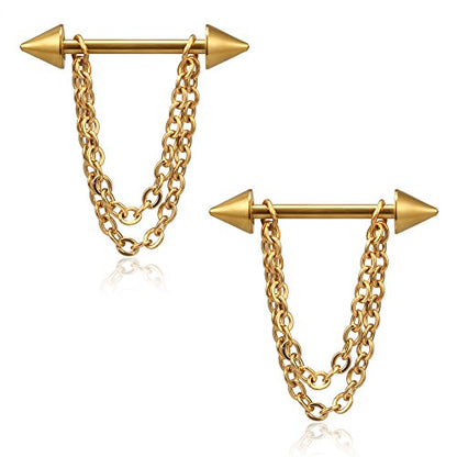 Ruifan Surgical Steel Nipple Shield Rings Tongue Barbell Piercing Jewelry Retainer 14G 5/8Inch Chain Dangle Clear CZ For Women Men 2-20PCS - color: 2PCS - Gold w Spikes