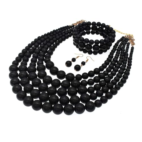 Faux Big Pearl Srand Necklaces for Women 5 Layers Pearls Choker Bib Collar Necklace Bracelet and Earrings set 1920s Costume Pearl Jewelry Bridal Wedding - color: black