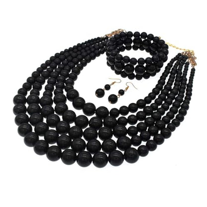 Faux Big Pearl Srand Necklaces for Women 5 Layers Pearls Choker Bib Collar Necklace Bracelet and Earrings set 1920s Costume Pearl Jewelry Bridal Wedding - color: black