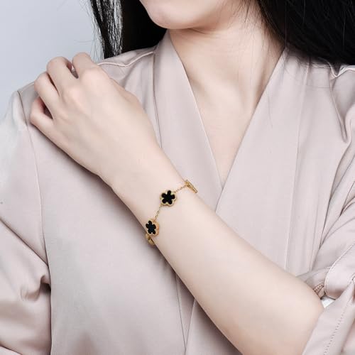 FLY FEI 18K Gold-Plated Four Leaf Clover Bracelet for Women,Adjustable lucky Bracelet Set Jewelry Gift-Hypoallergenic Charm for Birthdays, Wellness & Daily Wear - color: style03-Black+White(2pcs)