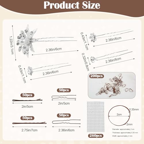 700 PCS Bride Hair Styling Kit, Hair Pins Set for Women Girls w/Storage Box | 100 U-Pins, 100 Bobby Pins Brown, 200 Hair Elastics, 40 Bridal Hair Pins Crystal Flowers, 1 Reinstone Sticker(6mm, 260pieces)