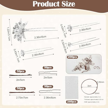 700 PCS Bride Hair Styling Kit, Hair Pins Set for Women Girls w/Storage Box | 100 U-Pins, 100 Bobby Pins Brown, 200 Hair Elastics, 40 Bridal Hair Pins Crystal Flowers, 1 Reinstone Sticker(6mm, 260pieces)