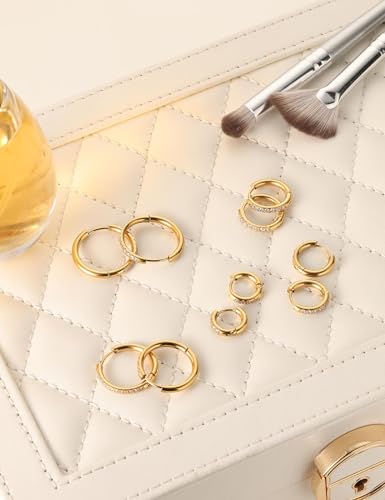 5 Pairs Huggie Hoop Earrings, Cubic Zirconia 14K Gold-Plated 316L Surgical Steel, Hypoallergenic Lightweight Design for Women & Men Cartilage & Multi-Piercing Stacking(13-21mm) - color: B+gold+White