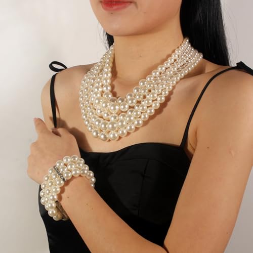 KOSMOS-LI Large Multi Layer Faux Pearl Strand Costume Jewelry Sets For Women Stocking Stuffers - color: Ivory