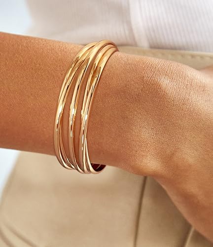 Gold Cuff Bracelet for Women Chunky Multi-layer Cross Wire Open Bracelet Hollow Wide Cuff Bracelets Adjustable Gold Open Cuff Bangle Bracelet - color: Wire Hollow Bracelet