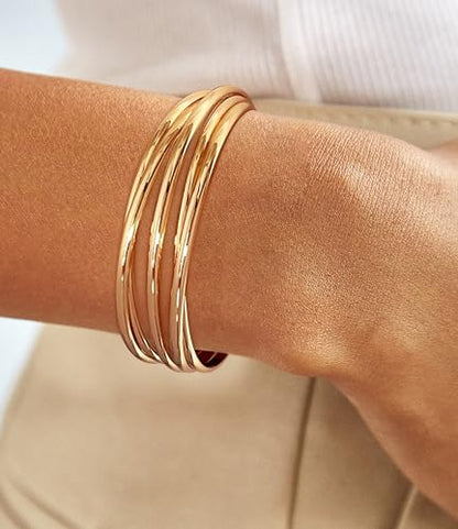 Gold Cuff Bracelet for Women Chunky Multi-layer Cross Wire Open Bracelet Hollow Wide Cuff Bracelets Adjustable Gold Open Cuff Bangle Bracelet - color: Wire Hollow Bracelet