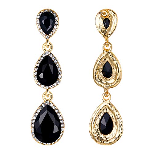 EleQueen Women's Crystal Teardrop Pear Shape 2.5 Inch Long Earrings | Dangle Earrings for Women, TearDrop Crystals Earrings for Bride Bridesmaid, Prom Jewelry for Wedding - color: Gold-Tone Black
