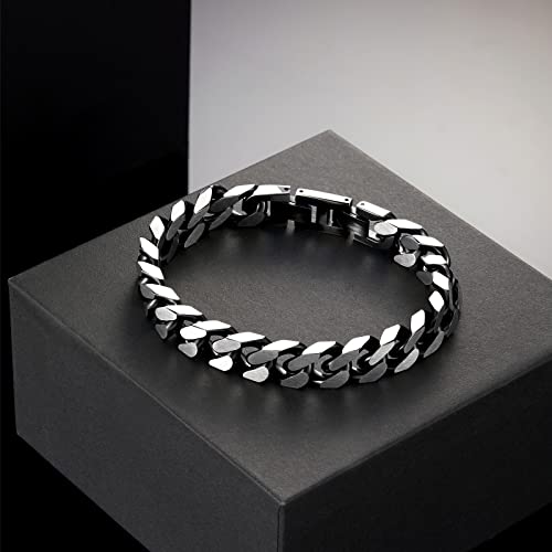 Mens Bracelet-Stainless Steel Fold Over Clasp Cuban Chain-Bracelets for Men - color: E-Black