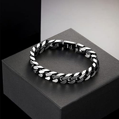 Mens Bracelet-Stainless Steel Fold Over Clasp Cuban Chain-Bracelets for Men - color: E-Black