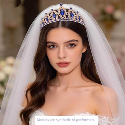 Kamirola - Queen Crown and Tiaras Princess Crown for Women Crystal Headbands for Bridal, Princess for Wedding and Party - color: Gold Blue