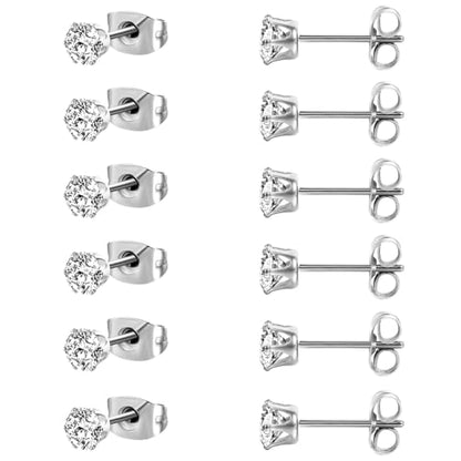 MDFUN 6 Pairs Stud Earrings Sets 3-8MM 18K Gold Plated Round 5A+ Cubic Zirconia Earrings Hypoallergenic CZ 6 Prong Ears Jewelry for Women - color: 5MM-White Gold