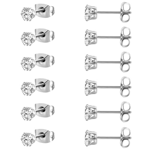 MDFUN 6 Pairs Stud Earrings Sets 3-8MM 18K Gold Plated Round 5A+ Cubic Zirconia Earrings Hypoallergenic CZ 6 Prong Ears Jewelry for Women - color: 5MM-White Gold