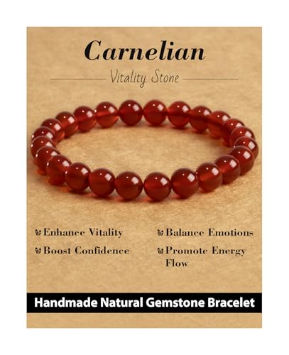 Natural Stone Beaded Bracelets for Men Women, 4mm 6mm 8mm | Healing Crystal, Protection Gemstone, Gift Packaging with Energy Card, Stretch Jewelry, Replacement Beads Included, 18 Stone - color: Carnelian(Luck & Vitality), size: 8mm