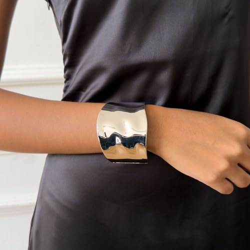 Gold Bangle Bracelet for Women | 14K Gold Plated Chunky Bracelet | Hinged Open Trendy Wide Bracelet for Women - color: silvery1