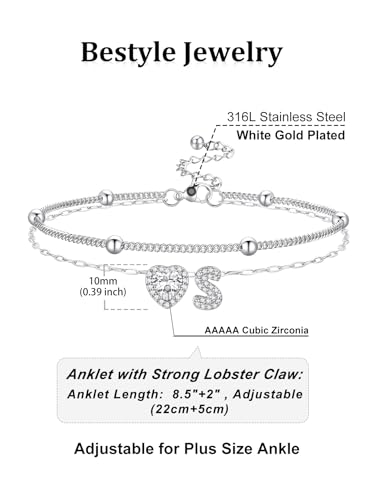 Bestyle Initial Anklet Bracelets for Women Waterproof Non Tarnish 14K Gold/White Gold Plated CZ Anklets for Women Dainty Layered Letter Heart Ankle Bracelets Adjustable Foot Chain Anklet - color: S