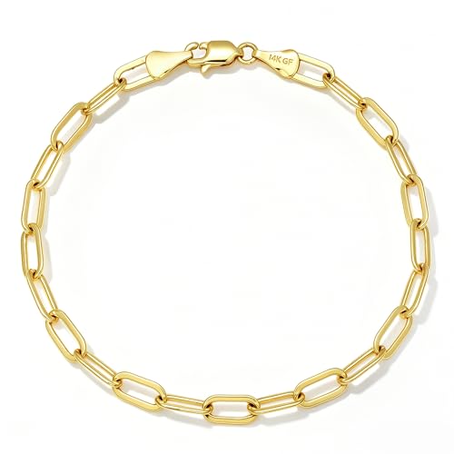 NOKMIT 14K Gold Filled Paperclip Bracelets for Women Men, 3mm/4mm/5mm Rectangular Paper Clip Link Bracelet, 6.5-8 Inches, Hypoallergenic, Non-Tarnish, Pulsera de Oro 14K para Mujer - color: 4mm, size: 7.0 Inches