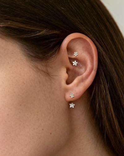 Minimalist Flower Rook Piercing Jewelry, 16G 5A CZ Eyebrow Piercing, Stainless Steel Rook Lobe Earrings 6/8MM - color: YG-6MM