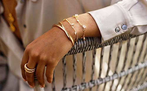 PERNNLA PEARL Dainty Gold Bar Bracelet for Women Simple Delicate Thin Cuff Bangle Hook Bracelet 18K Gold Plated Handmade Minimalist Jewelry - color: 6.Hammered
