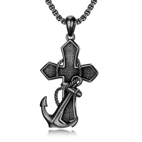 ROMANTICWORK Cross Necklace for Men 925 Sterling Silver Three Nail Cross/Atheist/Anchor/Skull Pendant Christian Protect Jewelry Birthday Gifts for Husband - color: Black Anchor Cross
