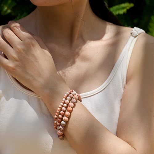 Bivei 8mm Beaded Bracelets for Women Handmade Semi Precious Natural Stone Stretch Elastic Jewelry Yoga Protection Gifts - color: Red Vein Jasper-Ignited Passion, size: Medium 6.8-7.3 inch