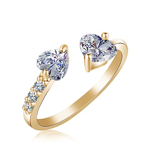 hsiyyecg Sliver/Gold Plated Double Heart Eternity Ring Shiny Cubic Zirconia Crystal Engagement Wedding Band Promise Ring Open Adjustable Statement Rings for Women(Gold) - color: gold