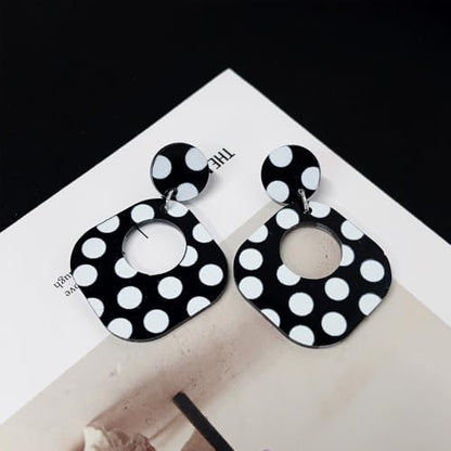 Polka Dot Black White Dangle Drop Earrings for Women | Cute Geometric Resin Statement Dangling Stud Fashion Y2K Jewelry - color: Rectangle