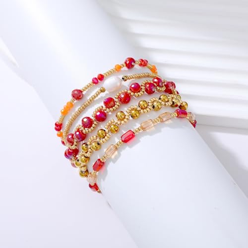 Dainty Gold Plated Pearl Crystal Beaded Bracelets Set for Women 14K Gold Plated Bead Pearl Beads Bracelet Stackable Paperclip Link Chain Bracelets Gold Plated Bracelets for Women Trendy Jewelry - color: Style5-1 Red