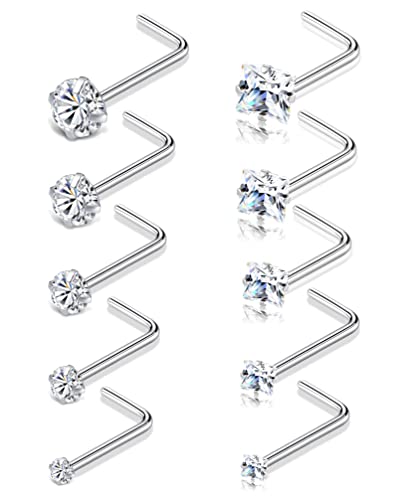 20G 10Pcs Stainless Steel L Screw Bone Shaped Nose Studs Rings Square Round CZ Nose Ring Labret Nose Piercing Jewelry for Men Women Silver Tone 1.5mm-2mm-2.5mm-3mm-3.5mm CZ - style: G:(10Pcs,Square+Round CZ)