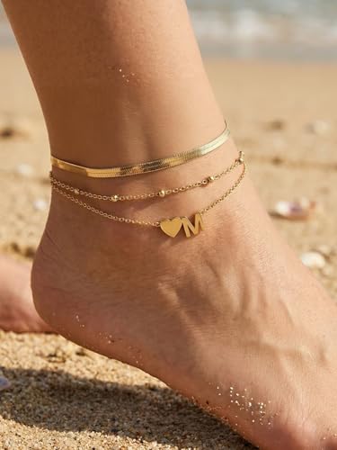 Ankle Bracelets for Women Waterproof 14K Gold/Silver/Black Initial Anklet for Women Dainty Layered Heart Ankle Bracelets Stainless Steel Adjustable Foot Chain Anklet Summer Beach Jewelry - color: M-Gold